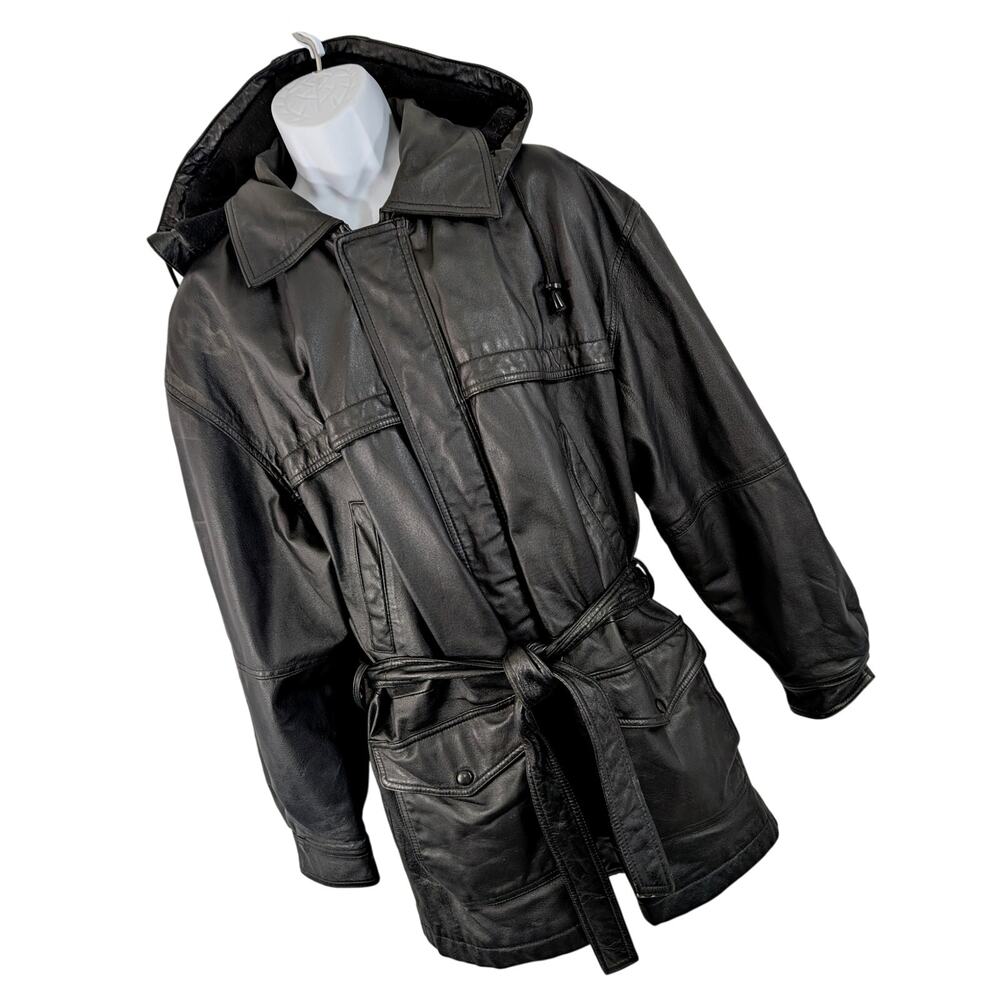 WILSONS LEATHER! BLACK GENUINE LEATHER PARKA STYLE, ZIP OFF HOOD JACKET, COAT! M